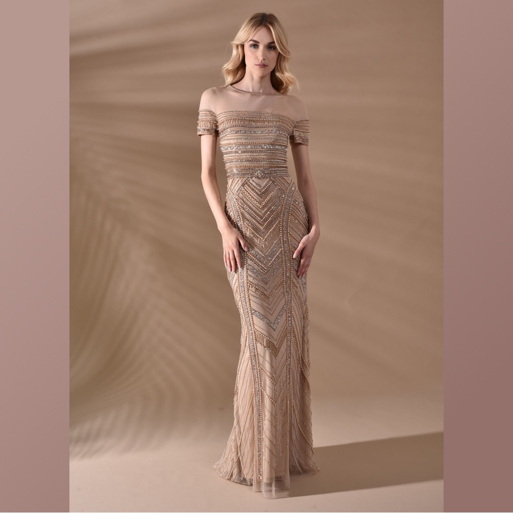 THEIA Nude & Gold Beaded Evening Gown size 10 NWT